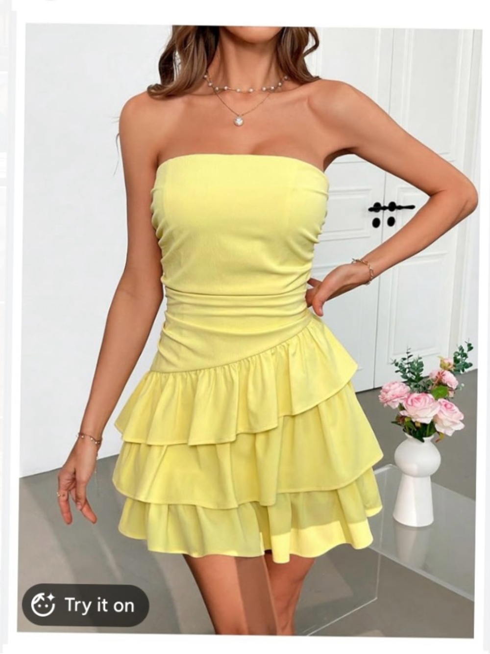 New Women XS Yellow Tube tiered, frilled skirt and ruched sides Mini dress